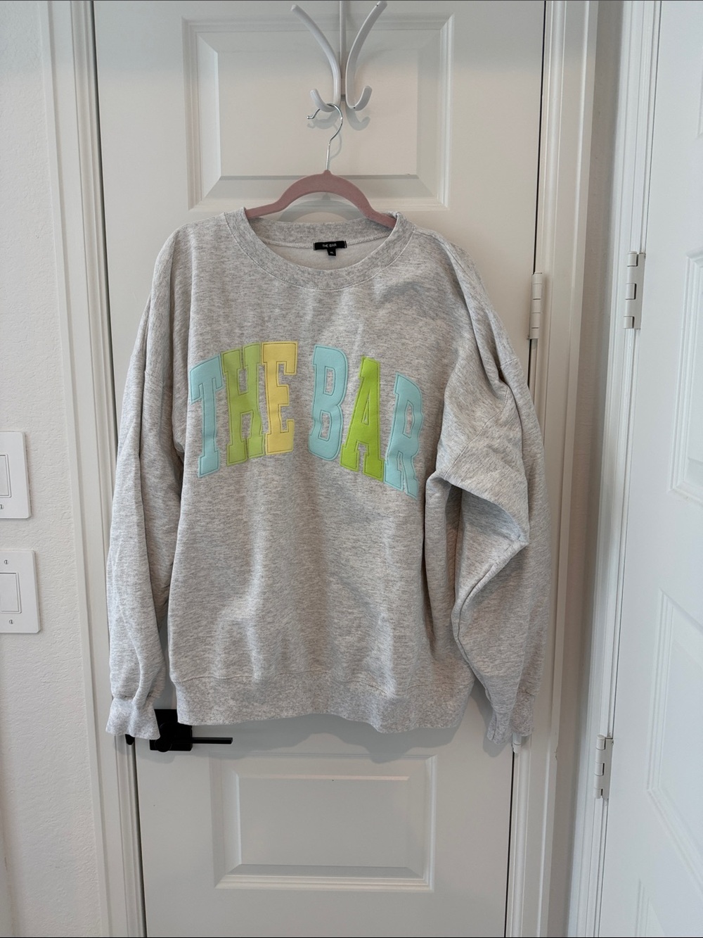 The Bar Light Gray Sweatshirt with Pastel Blue, Yellow & Mint Lettering